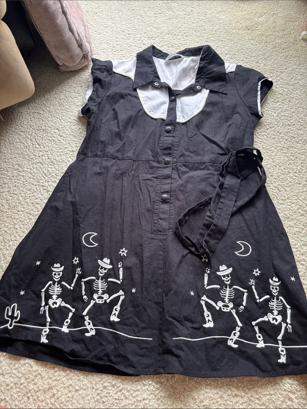 Black Skeleton Dance Kids Dress with White Collar